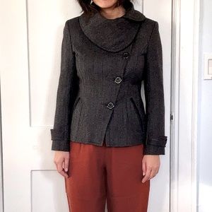 Asymmetrical Short Tweed Jacket with Round Collar - Petite